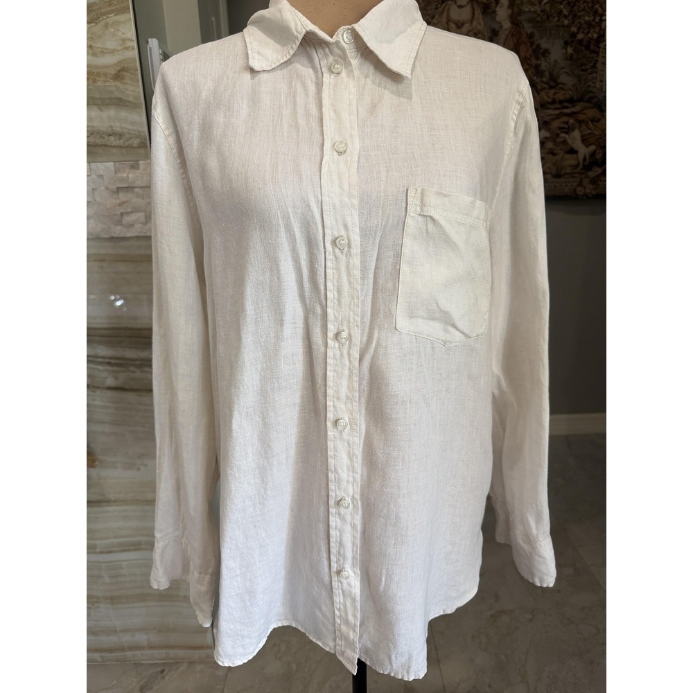 H&M Shirt Mens Medium White Linen Button Front Long Sleeve Collared Casual